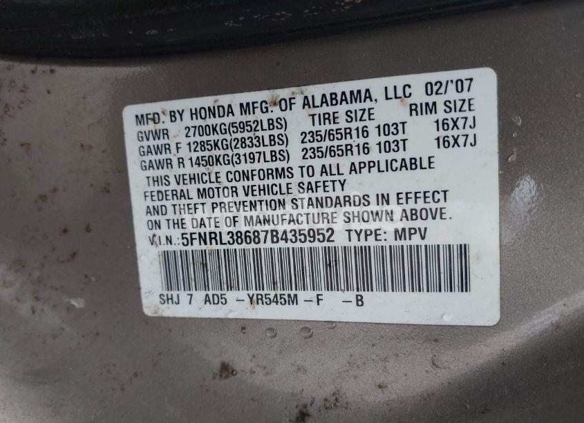 Photo 9 of 2007 Honda Odyssey EX-L (VIN 5FNRL38687B435952)