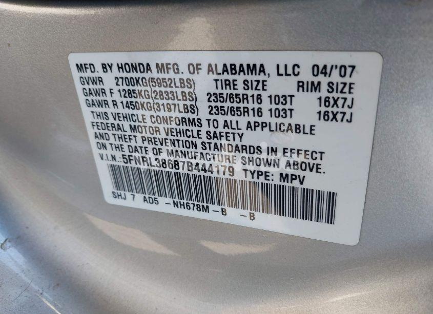 Photo 9 of 2007 Honda Odyssey EX-L (VIN 5FNRL38687B444179)