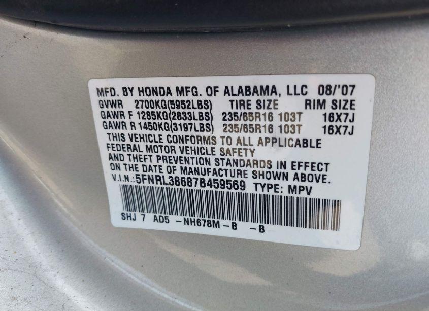 Photo 9 of 2007 Honda Odyssey EX-L (VIN 5FNRL38687B459569)