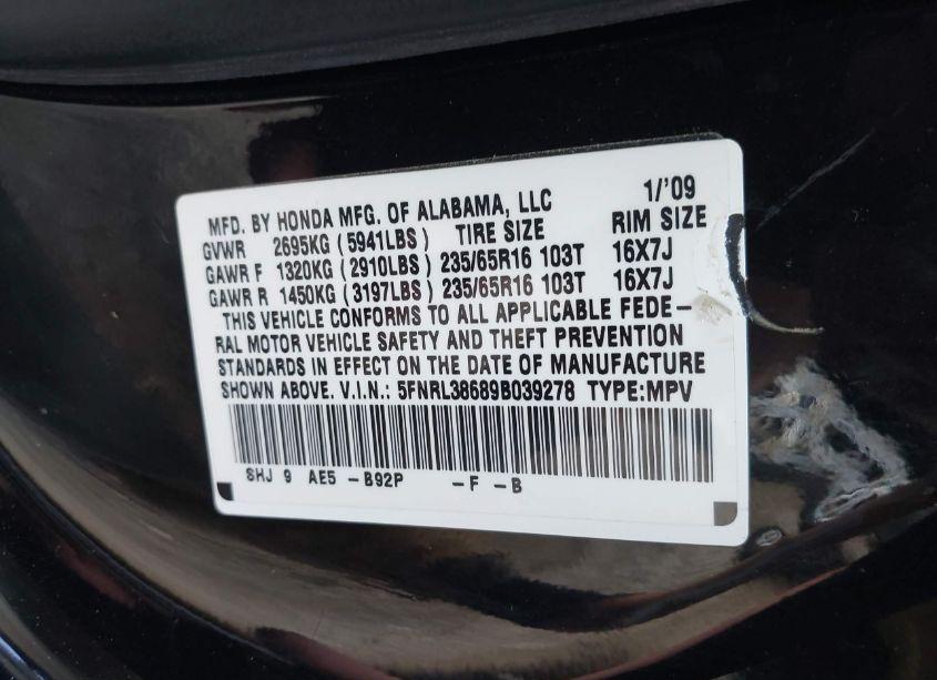 Photo 9 of 2009 Honda Odyssey EX-L (VIN 5FNRL38689B039278)