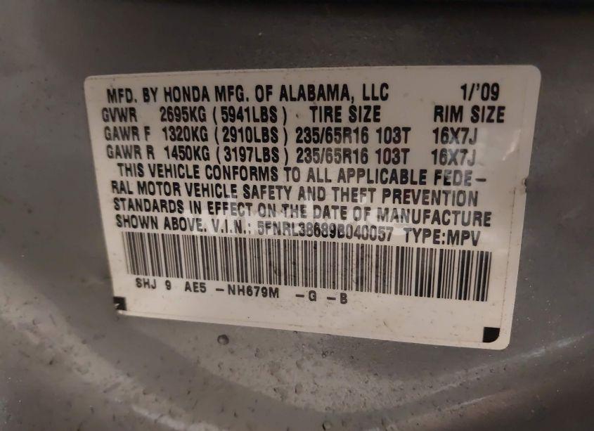 Photo 9 of 2009 Honda Odyssey EX-L (VIN 5FNRL38689B040057)