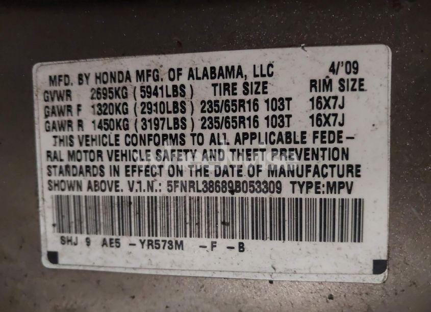 Photo 9 of 2009 Honda Odyssey EX-L (VIN 5FNRL38689B053309)
