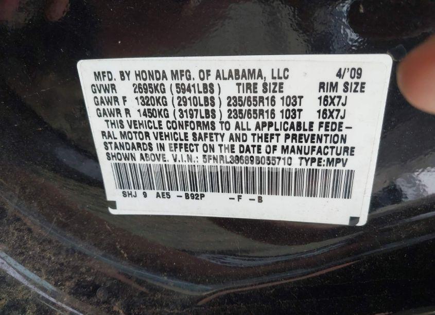 Photo 9 of 2009 Honda Odyssey EX-L (VIN 5FNRL38689B055710)