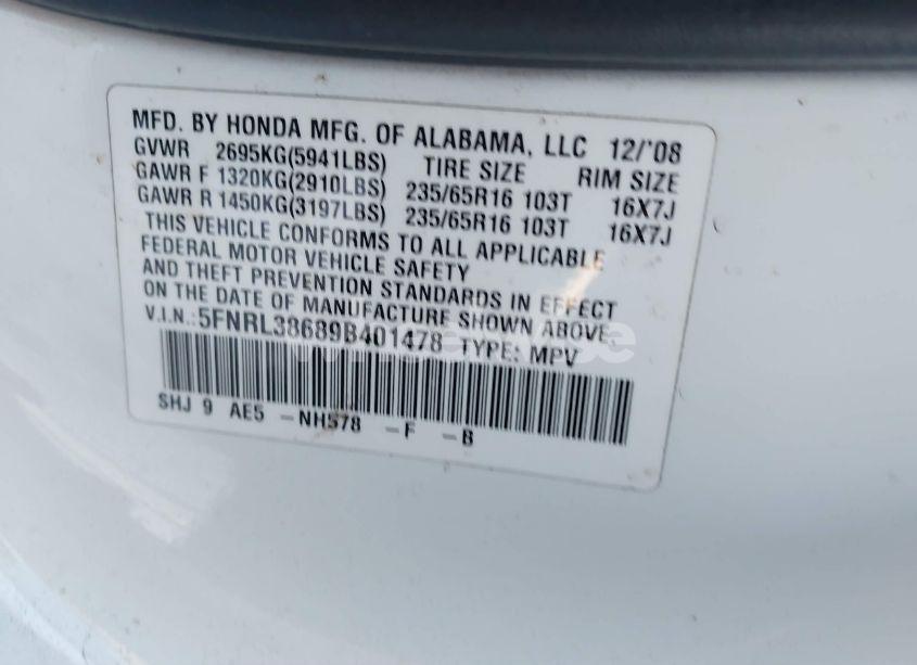 Photo 9 of 2009 Honda Odyssey EX-L (VIN 5FNRL38689B401478)