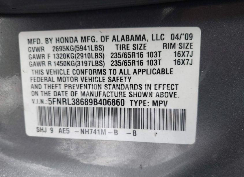 Photo 9 of 2009 Honda Odyssey EX-L (VIN 5FNRL38689B406860)