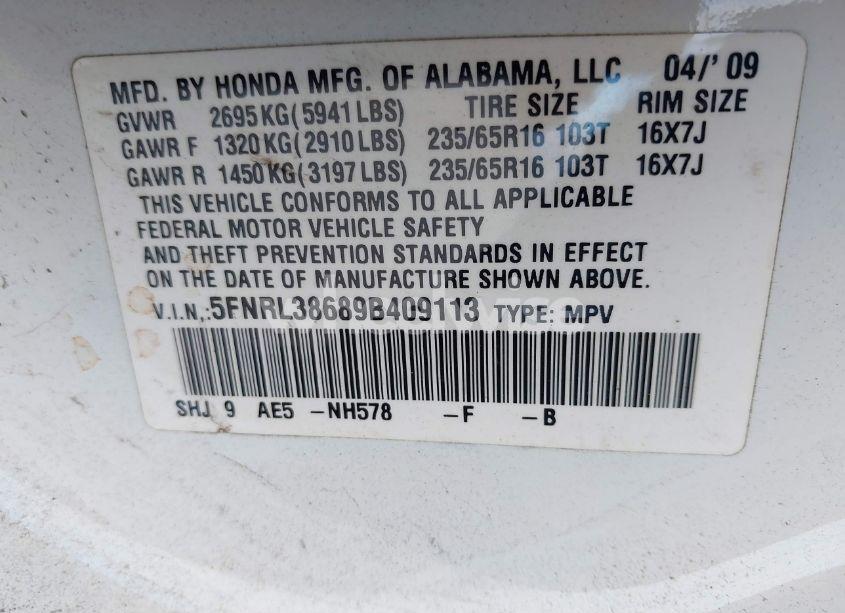 Photo 9 of 2009 Honda Odyssey EX-L (VIN 5FNRL38689B409113)