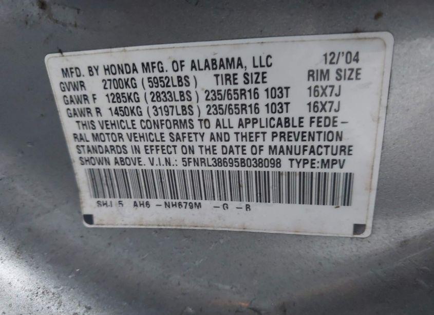 Photo 9 of 2005 Honda Odyssey EX-L (VIN 5FNRL38695B038098)