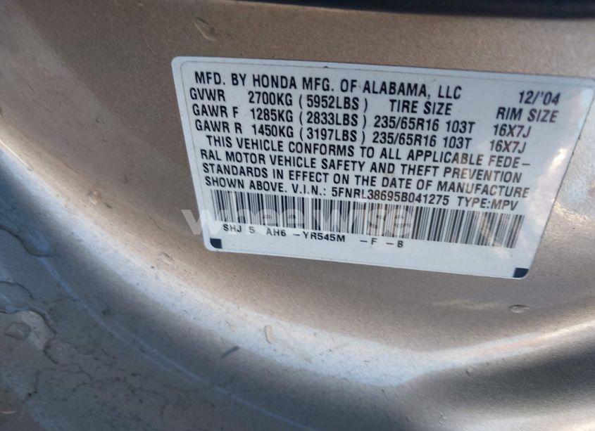 Photo 9 of 2005 Honda Odyssey EX-L (VIN 5FNRL38695B041275)