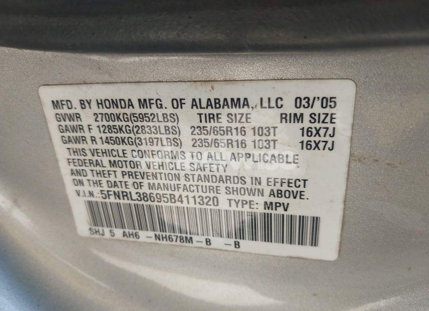 Photo 9 of 2005 Honda Odyssey EX-L (VIN 5FNRL38695B411320)