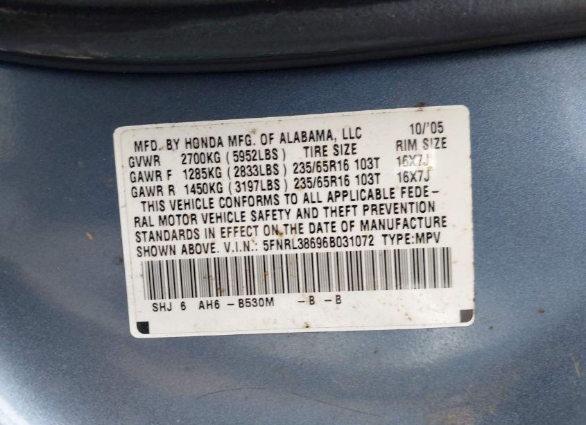 Photo 9 of 2006 Honda Odyssey EX-L (VIN 5FNRL38696B031072)