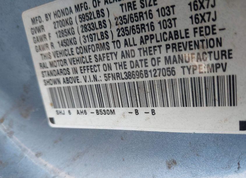 Photo 9 of 2006 Honda Odyssey EX-L (VIN 5FNRL38696B127056)