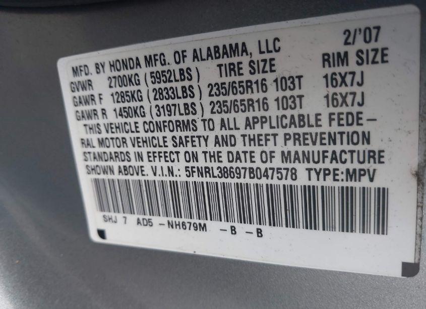 Photo 9 of 2007 Honda Odyssey EX-L (VIN 5FNRL38697B047578)