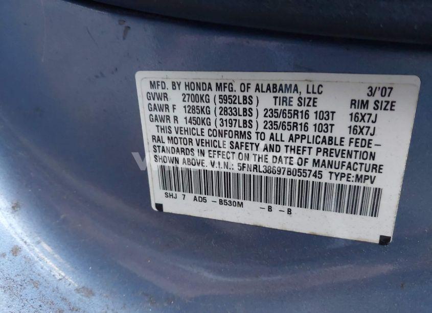 Photo 9 of 2007 Honda Odyssey EX-L (VIN 5FNRL38697B055745)