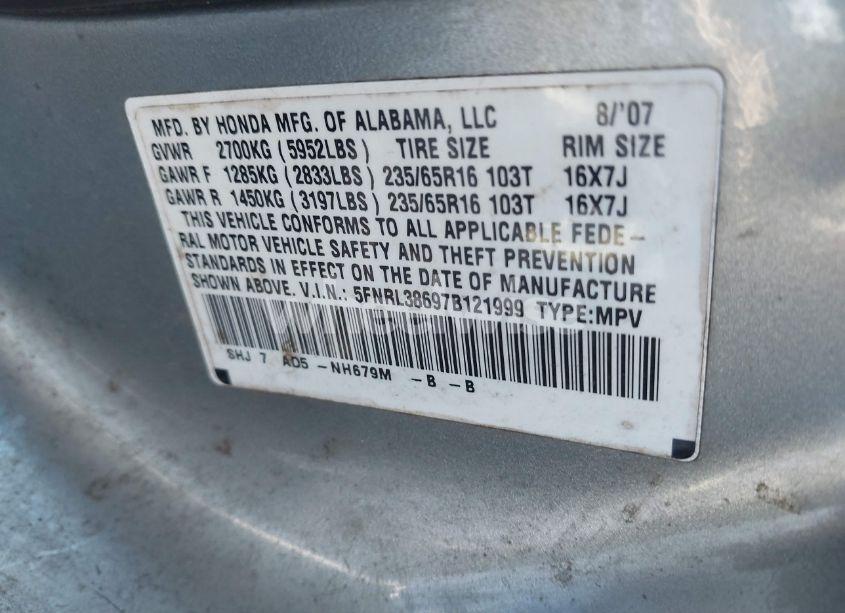 Photo 9 of 2007 Honda Odyssey EX-L (VIN 5FNRL38697B121999)