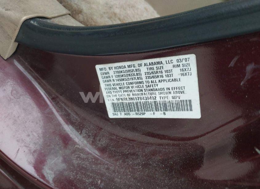 Photo 9 of 2007 Honda Odyssey EX-L (VIN 5FNRL38697B439492)