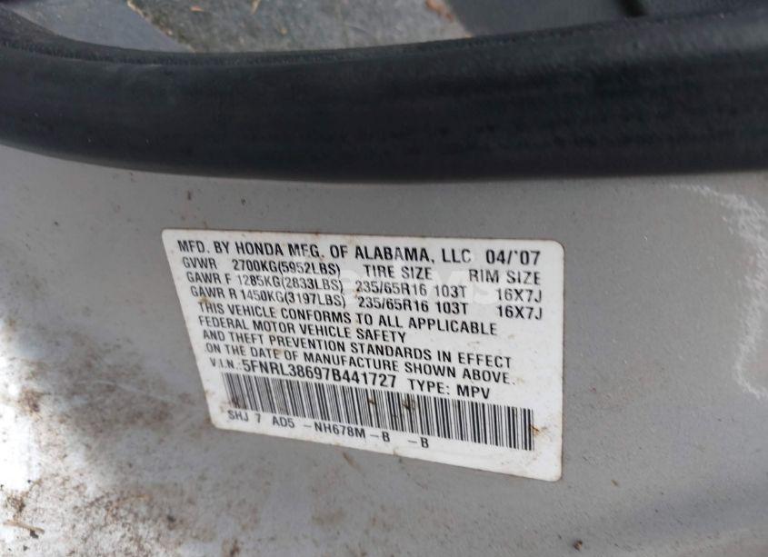 Photo 9 of 2007 Honda Odyssey EX-L (VIN 5FNRL38697B441727)