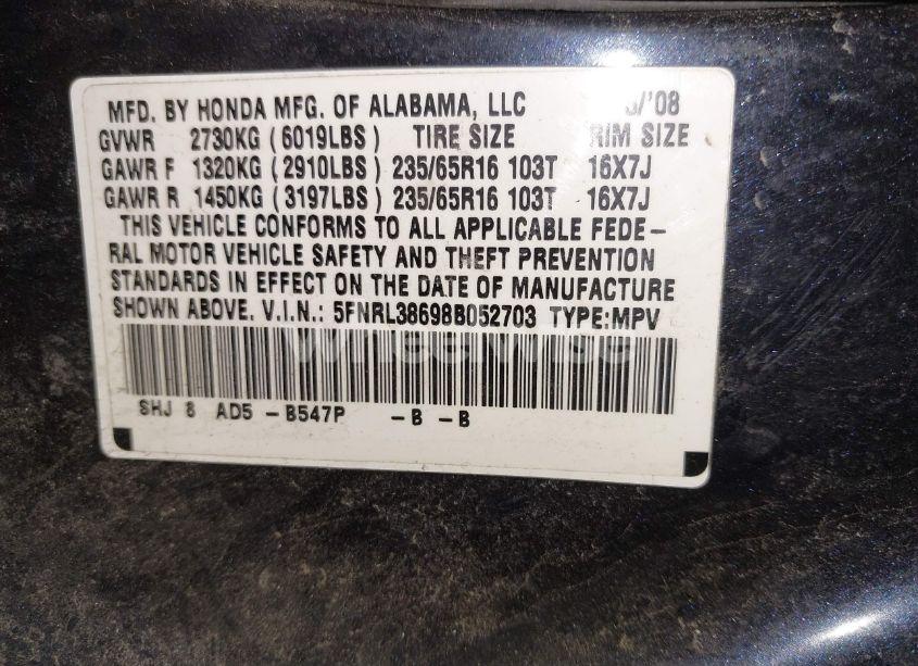 Photo 9 of 2008 Honda Odyssey EX-L (VIN 5FNRL38698B052703)