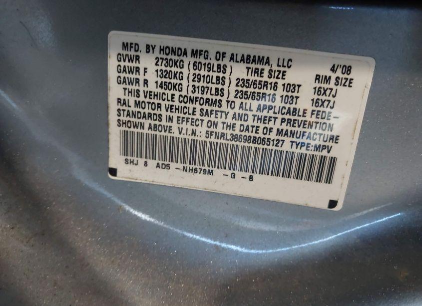 Photo 9 of 2008 Honda Odyssey EX-L (VIN 5FNRL38698B065127)