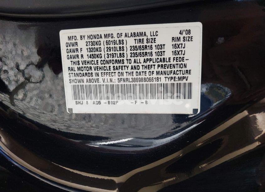 Photo 9 of 2008 Honda Odyssey EX-L (VIN 5FNRL38698B066181)
