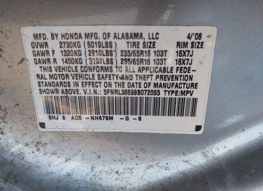 Photo 9 of 2008 Honda Odyssey EX-L (VIN 5FNRL38698B072093)