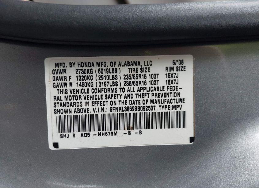 Photo 9 of 2008 Honda Odyssey EXL (VIN 5FNRL38698B092537)