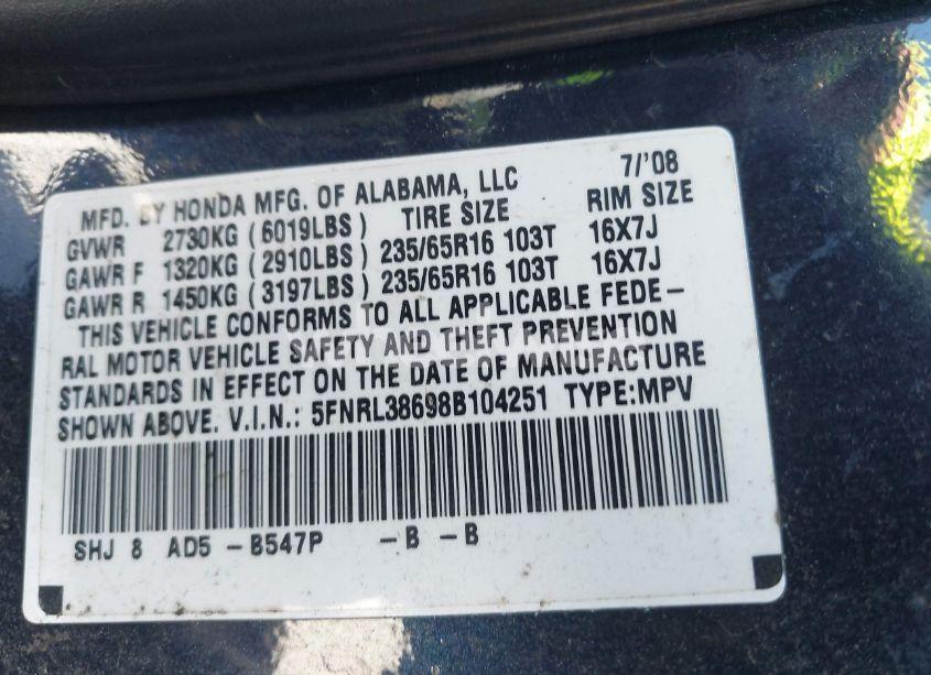 Photo 9 of 2008 Honda Odyssey EX-L (VIN 5FNRL38698B104251)