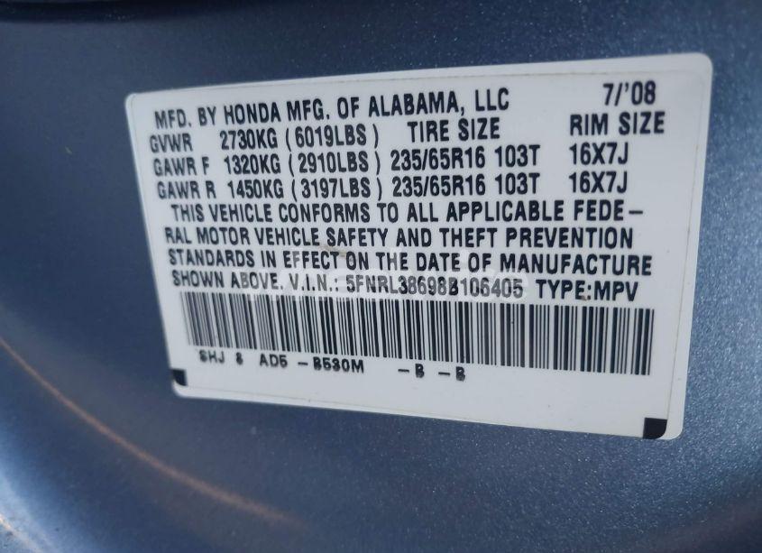 Photo 9 of 2008 Honda Odyssey EX-L (VIN 5FNRL38698B106405)