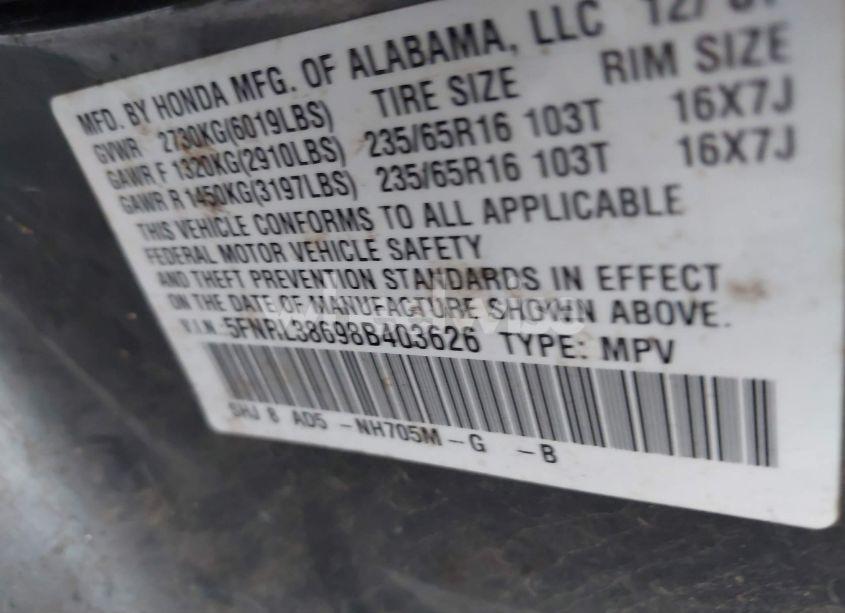 Photo 9 of 2008 Honda Odyssey EX-L (VIN 5FNRL38698B403626)