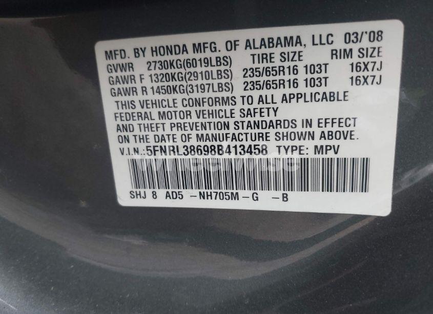 Photo 9 of 2008 Honda Odyssey EX-L (VIN 5FNRL38698B413458)