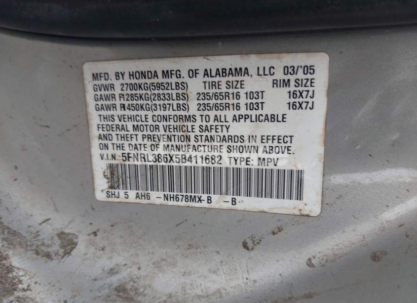 Photo 9 of 2005 Honda Odyssey EX-L (VIN 5FNRL386X5B411682)