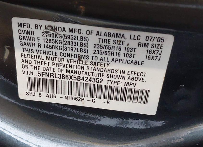 Photo 9 of 2005 Honda Odyssey EX-L (VIN 5FNRL386X5B424352)