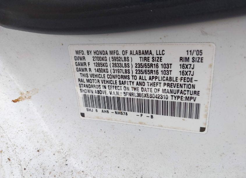 Photo 9 of 2006 Honda Odyssey EX-L (VIN 5FNRL386X6B042310)