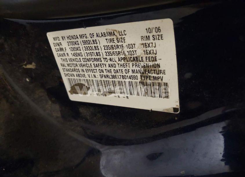 Photo 9 of 2007 Honda Odyssey EX-L (VIN 5FNRL386X7B014590)