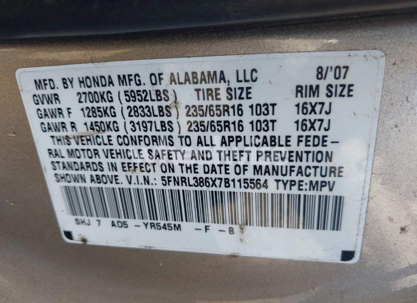 Photo 9 of 2007 Honda Odyssey EX-L (VIN 5FNRL386X7B115564)