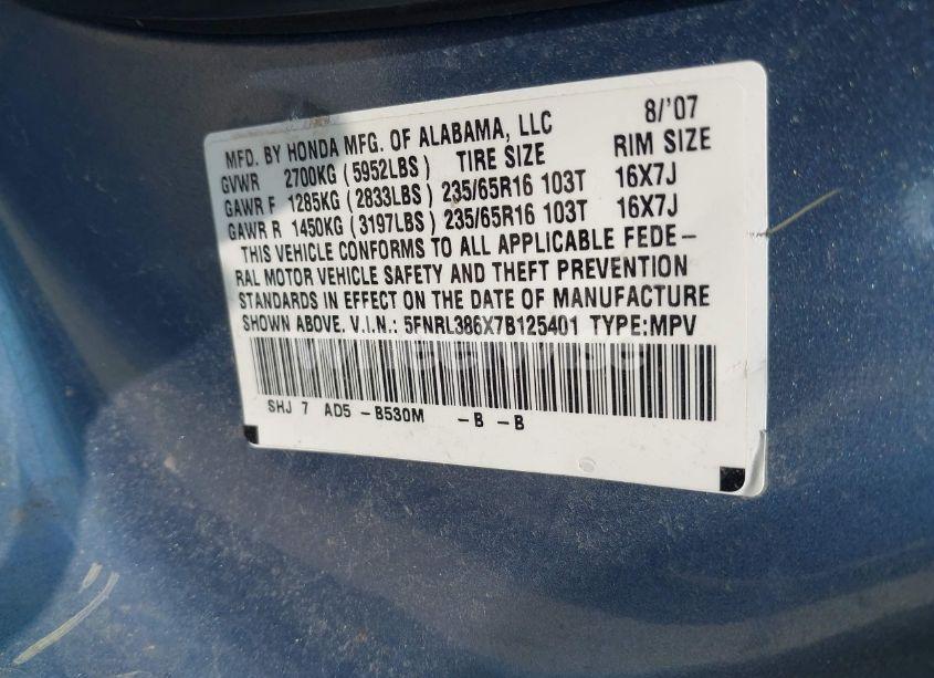 Photo 9 of 2007 Honda Odyssey EX-L (VIN 5FNRL386X7B125401)