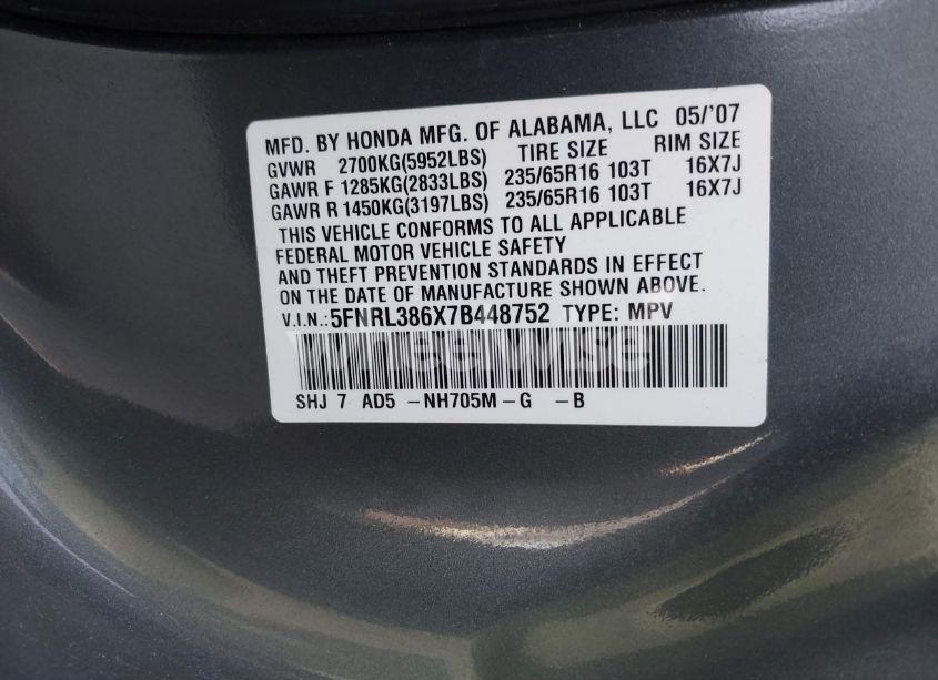 Photo 9 of 2007 Honda Odyssey EX-L (VIN 5FNRL386X7B448752)