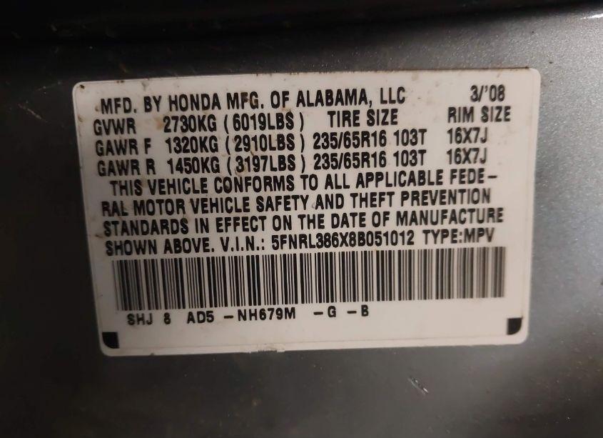 Photo 9 of 2008 Honda Odyssey EX-L (VIN 5FNRL386X8B051012)