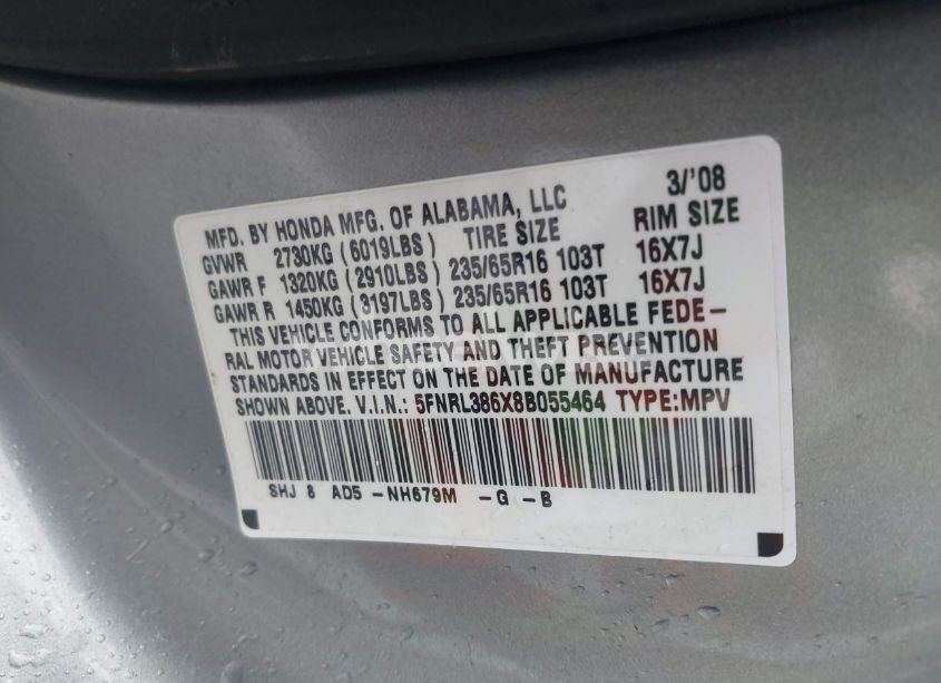 Photo 9 of 2008 Honda Odyssey EX-L (VIN 5FNRL386X8B055464)