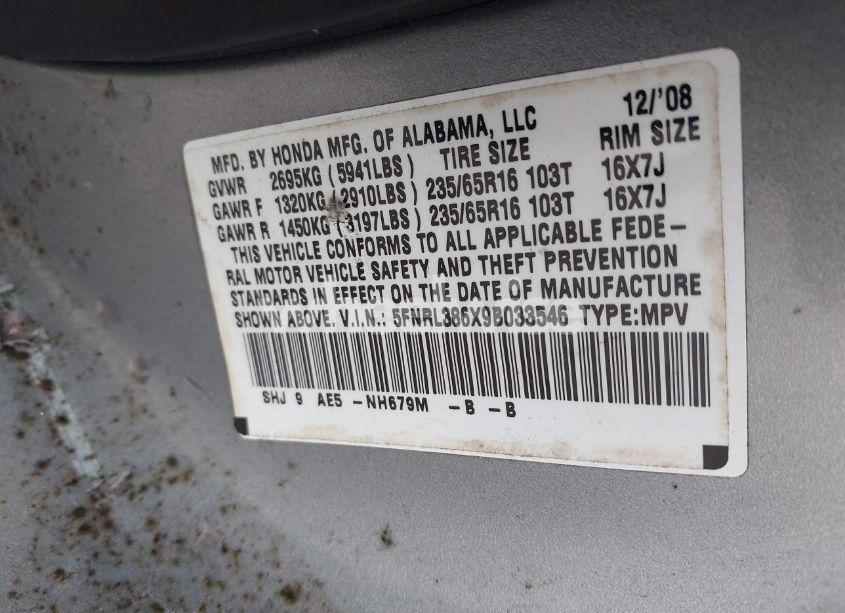 Photo 9 of 2009 Honda Odyssey EX-L (VIN 5FNRL386X9B033546)