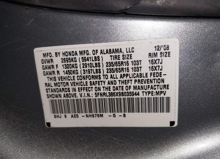 Photo 9 of 2009 Honda Odyssey EX-L (VIN 5FNRL386X9B035944)