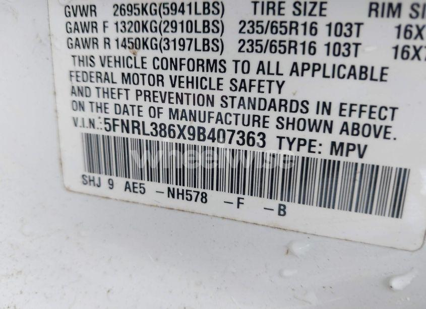 Photo 9 of 2009 Honda Odyssey EX-L (VIN 5FNRL386X9B407363)