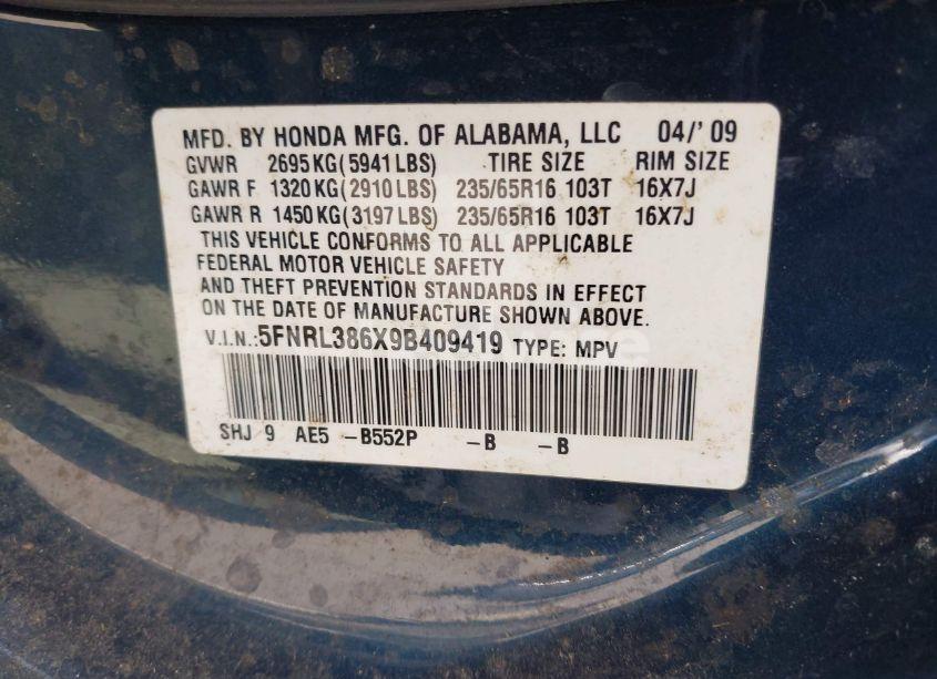 Photo 9 of 2009 Honda Odyssey EX-L (VIN 5FNRL386X9B409419)