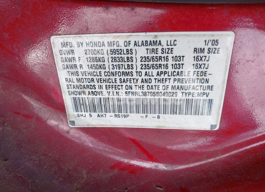 Photo 9 of 2005 Honda Odyssey EX-L (VIN 5FNRL38705B049029)