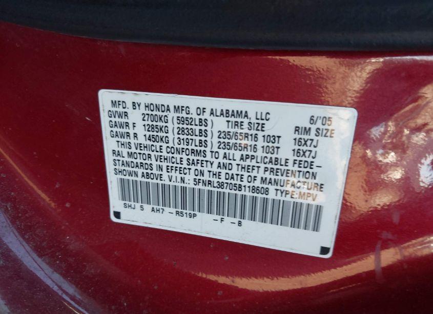 Photo 9 of 2005 Honda Odyssey EX-L (VIN 5FNRL38705B118608)