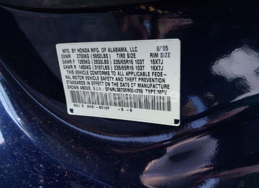 Photo 9 of 2006 Honda Odyssey EX-L (VIN 5FNRL38706B004299)