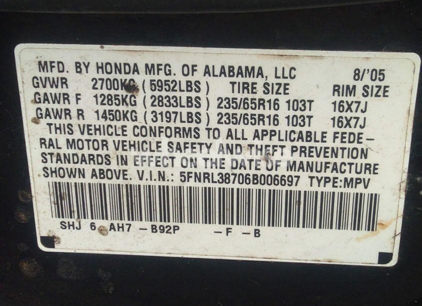 Photo 9 of 2006 Honda Odyssey EX-L (VIN 5FNRL38706B006697)