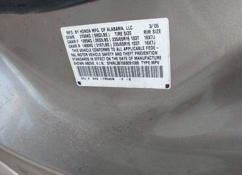 Photo 9 of 2006 Honda Odyssey EX-L (VIN 5FNRL38706B091086)