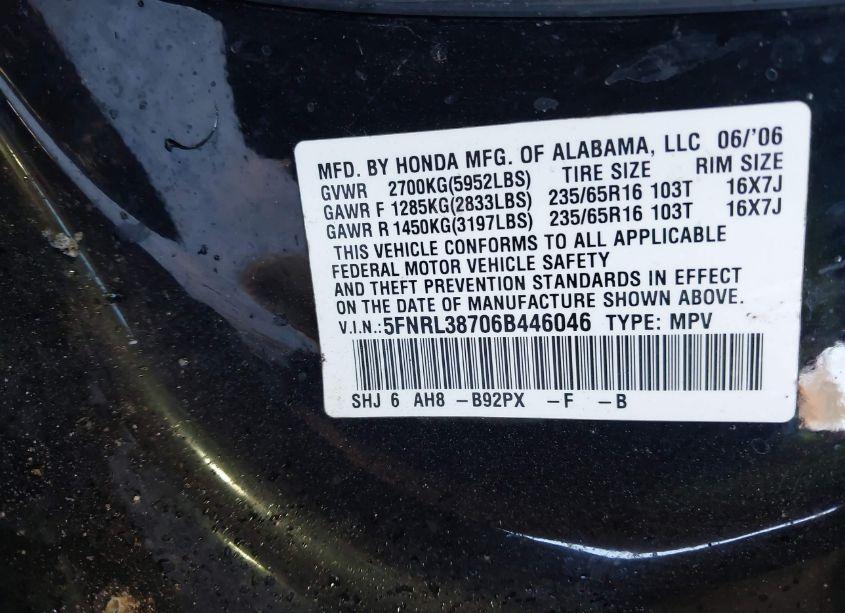 Photo 9 of 2006 Honda Odyssey EX-L (VIN 5FNRL38706B446046)