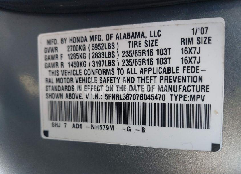 Photo 9 of 2007 Honda Odyssey EX-L (VIN 5FNRL38707B045470)