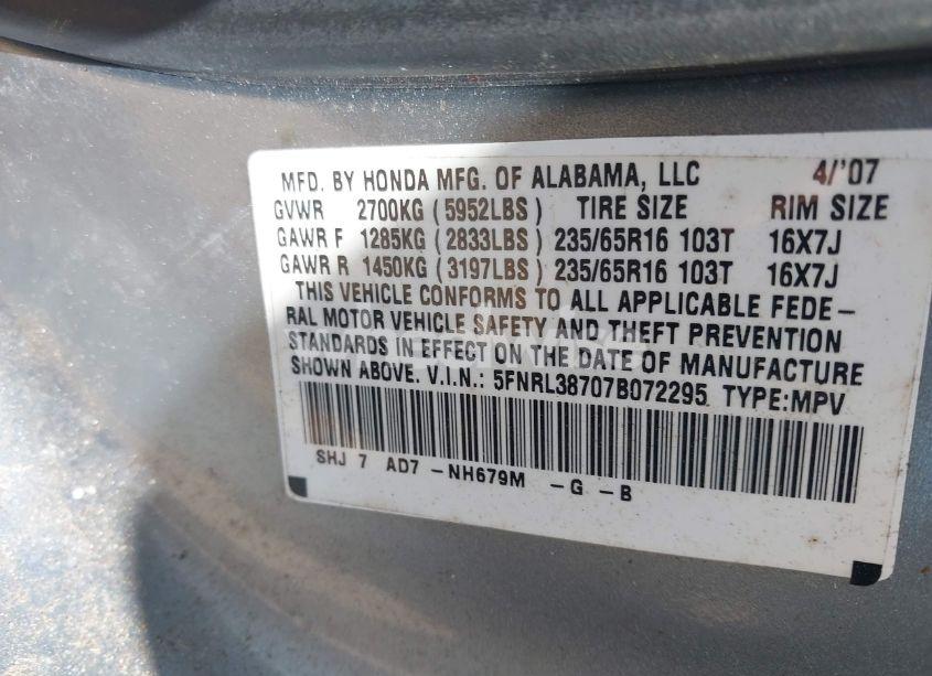 Photo 9 of 2007 Honda Odyssey EX-L (VIN 5FNRL38707B072295)